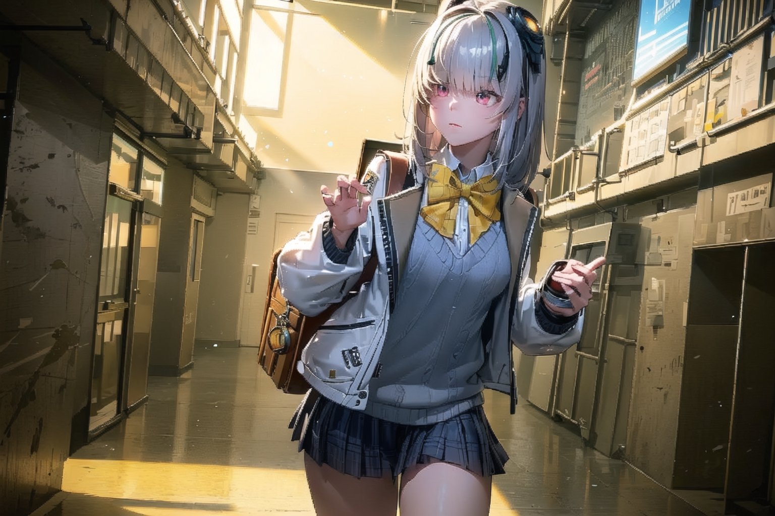 A Girl ,  Silver Hair, Pink Eyes, nikkeadmi , pleated skirt, plaid, hair ornament, sweater vest, white jacket, yellow bowtie, backpack, white socks, Dining Hall , School , City , ((Best quality)), ((masterpiece)), 3D, HDR (High Dynamic Range),Ray Tracing, NVIDIA RTX, Super-Resolution, Unreal 5,Subsurface scattering, PBR Texturing, Post-processing, Anisotropic Filtering, Depth-of-field, Maximum clarity and sharpness, Multi-layered textures, Albedo and Specular maps, Surface shading, Accurate simulation of light-material interaction, Perfect proportions, Octane Render, Two-tone lighting, Wide aperture, Low ISO, White balance, Rule of thirds,8K RAW, Aura, masterpiece, best quality, Mysterious expression, magical effects like sparkles or energy, flowing robes or enchanting attire, mechanic creatures or mystical background, rim lighting, side lighting, cinematic light, ultra high res, 8k uhd, film grain, best shadow, delicate, RAW, light particles, detailed skin texture, detailed cloth texture, beautiful face, (masterpiece), best quality, expressive eyes, perfect face,nikkeredhood,hair over one eye,marian,Scarlet (nikke),hellsparadise style,fuyumi,exiadef,tove,NIKKE GODDESS OF VICTORY, headgear,SnowWonder,momo_burlesque,juliadef,nikkeadmi