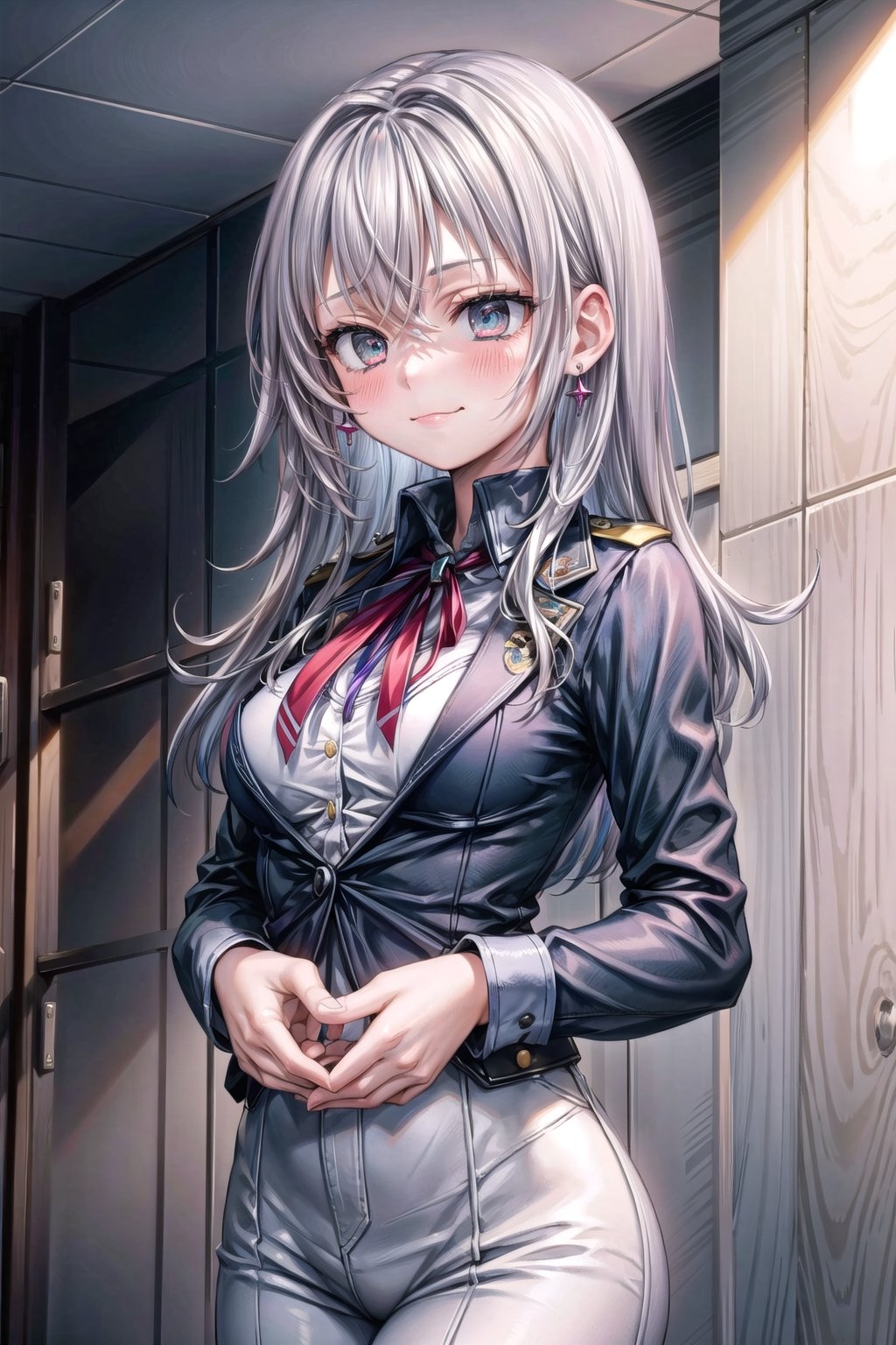 (masterpiece), best quality, high resolution, highly detailed, detailed background, perfect lighting, 1girl, Police uniform, Blushing, radiant beauty  smiling, blue earrings, E cup, medium breasts,,#WHITE HAIR,perfecteyes,Ahegao, expanding his mouth with his hands,,Excited, playful,