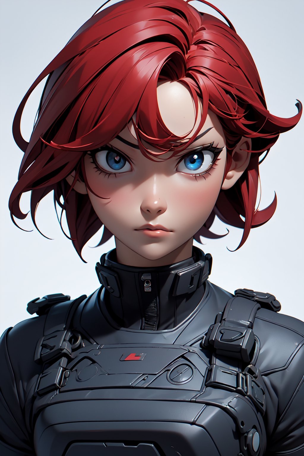 (masterpiece,  best quality),  1girl,  solo_female, Red hair, Medium short hairstyle, 20 years old,blue eyes,pov_eye_contact , Special Forces,serious face,Sexy Muscular,3DMM