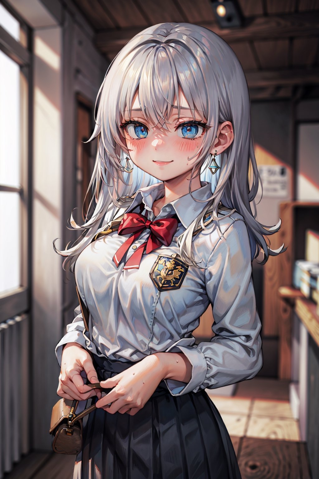 (masterpiece), best quality, high resolution, highly detailed, detailed background, perfect lighting, 1girl, Winter school uniform, sweaty,Blushing, radiant beauty  smiling, blue earrings, D cup, medium breasts,,#WHITE HAIR,perfecteyes