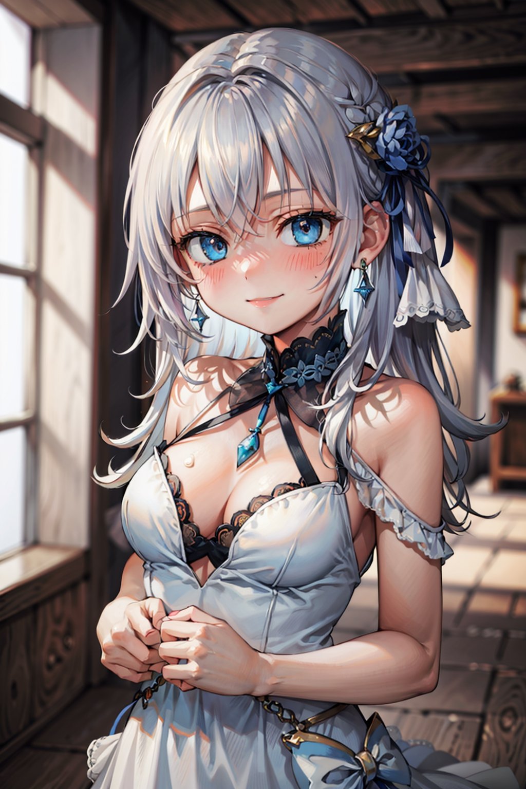 (masterpiece), best quality, high resolution, highly detailed, detailed background, perfect lighting, 1girl,Wedding dress,Blushing, radiant beauty  smiling, blue earrings, C cup, light_blue_eyes, medium breasts,,#WHITE HAIR,perfecteyes