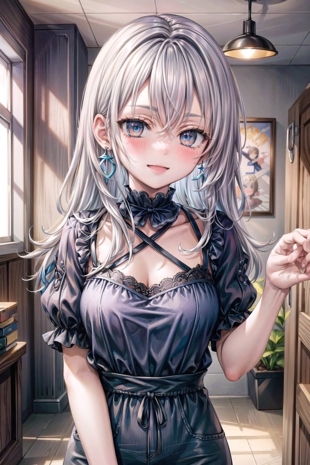 (masterpiece), best quality, high resolution, highly detailed, detailed background, perfect lighting, 1girl, Casual clothes, Blushing, radiant beauty  smiling, blue earrings, D cup, medium breasts,,#WHITE HAIR,perfecteyes,Expanding mouth pov,Excited, playful,