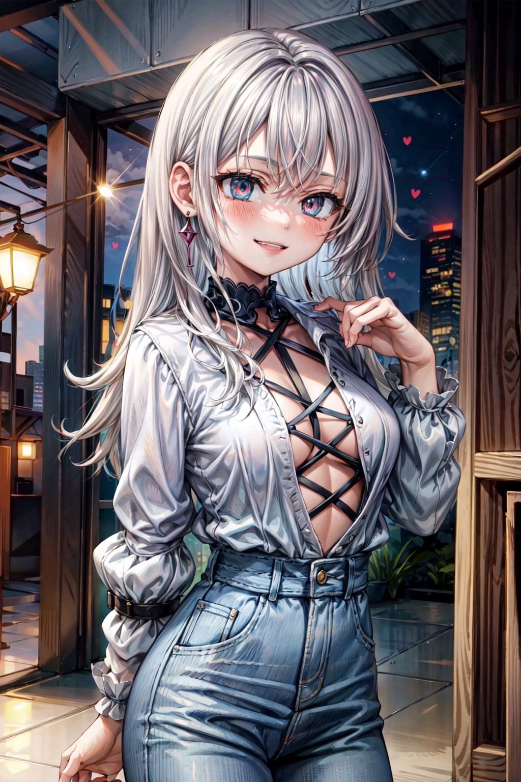 (masterpiece), best quality, high resolution, highly detailed, detailed background, perfect lighting, 1girl, Casual clothes, Blushing, radiant beauty  smiling, blue earrings, D cup, medium breasts,,#WHITE HAIR,perfecteyes,#LONG HAIR, Baring teeth to bite you, playful