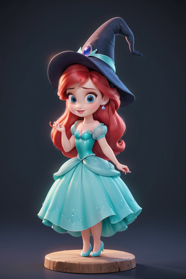 princess ariel, kawaii, full body, witch_hat, full_body, big eyes, beautiful, cute,cuteloli, chibi,cartoon, smiling, simple background,disney style,disney pixar style,score_9