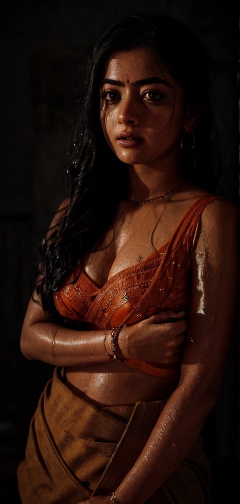 Take a moody orange color grade photo of a woman with wide hips,  perfect arms,  perfect fingers,  perfect legs,  medium hair,  wearing an Indian saree and a jewelry accessory,  showcasing her freckles,  The woman should have a slight smirk on her face,  shaggy breast,  and her detailed face,  especially her detailed nose,  should be the focal point of the image. Use the rule of thirds in composition to frame her face beautifully,  and enhance the photo with dramatic lighting to add depth and intensity. Place the woman against an intricate background that complements her personality and adds to the overall story of the photograph.",  lalisamanoban,  rashmika,  Saree,  4NUSH4,  no_humans,  wet by raining,  (breast:1.2), in village outside of the house, raining 