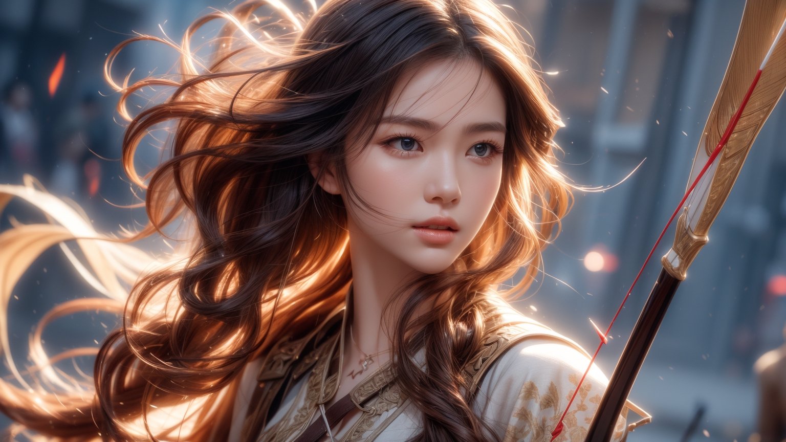 background is ancient war,an archer,1 girl,beautiful korean girl, holding a battle bow, arrow,ready to shoot, hair_past_waist(curly hair, dark hair),
Best Quality, photorealistic, ultra-detailed, finely detailed, high resolution, perfect dynamic composition, sharp-focus, 