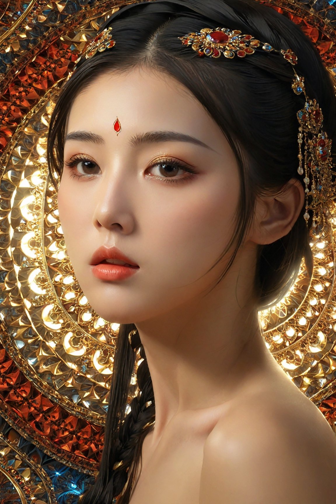 (Masterpiece, Top Quality, Best Quality, Official Art, Beauty and Aesthetics: 1.2), (1 Oriental Girl Sad Sad Frontal Facial Expression), Nano Detailed, (Abstract, Fractal Art: 1.3), Highest Detailed, Detailed eyes, few remaining teardrops on face, bare shoulders, sexy lips, pronounced contours