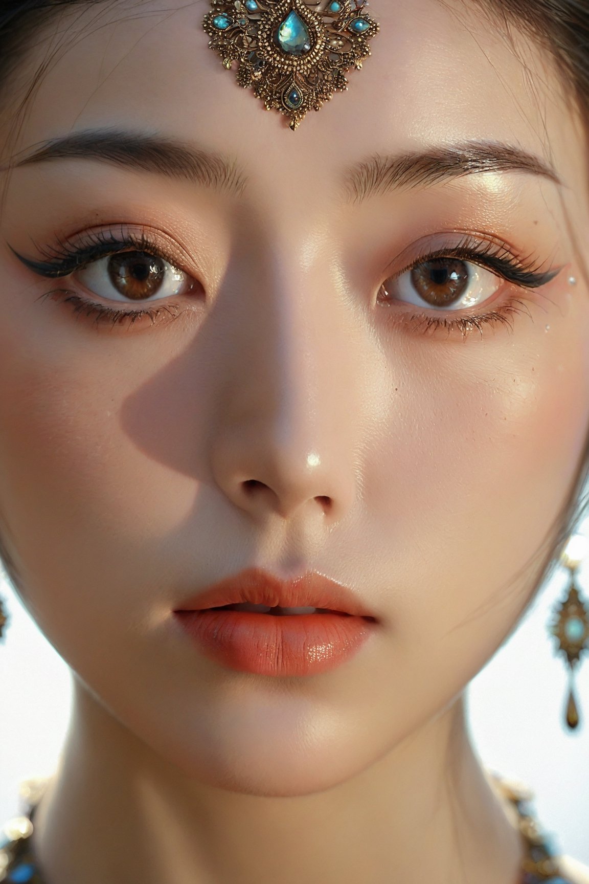 (Masterpiece, Top Quality, Best Quality, Official Art, Beauty and Aesthetics: 1.2), (1 Oriental Girl Sad Sad Frontal Facial Expression), Nano Detailed, (Abstract, Fractal Art: 1.3), Highest Detailed, Detailed eyes, few remaining teardrops on face, bare shoulders, sexy lips, pronounced contours