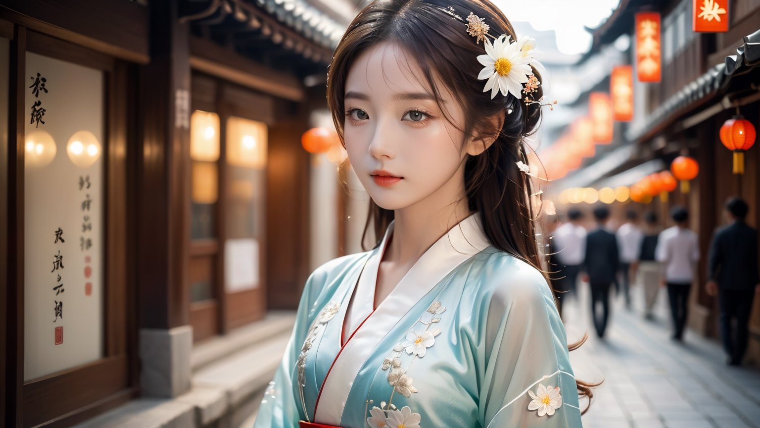 ((full body shot):1.3) with low angle, award-winning photography, hyperrealism, detailed face, symmetric face, bright eyes, glamorous v-shaped face, Chrysanthemum personification, an ethereal breathtakingly beautiful 17-years-old japanese girl in hanfu, exquisite hanfu attire, 1girl walking in a business district, perfect model body, translucent appearance, pronounced facial features, hasselbald 503CW, LinkGirl