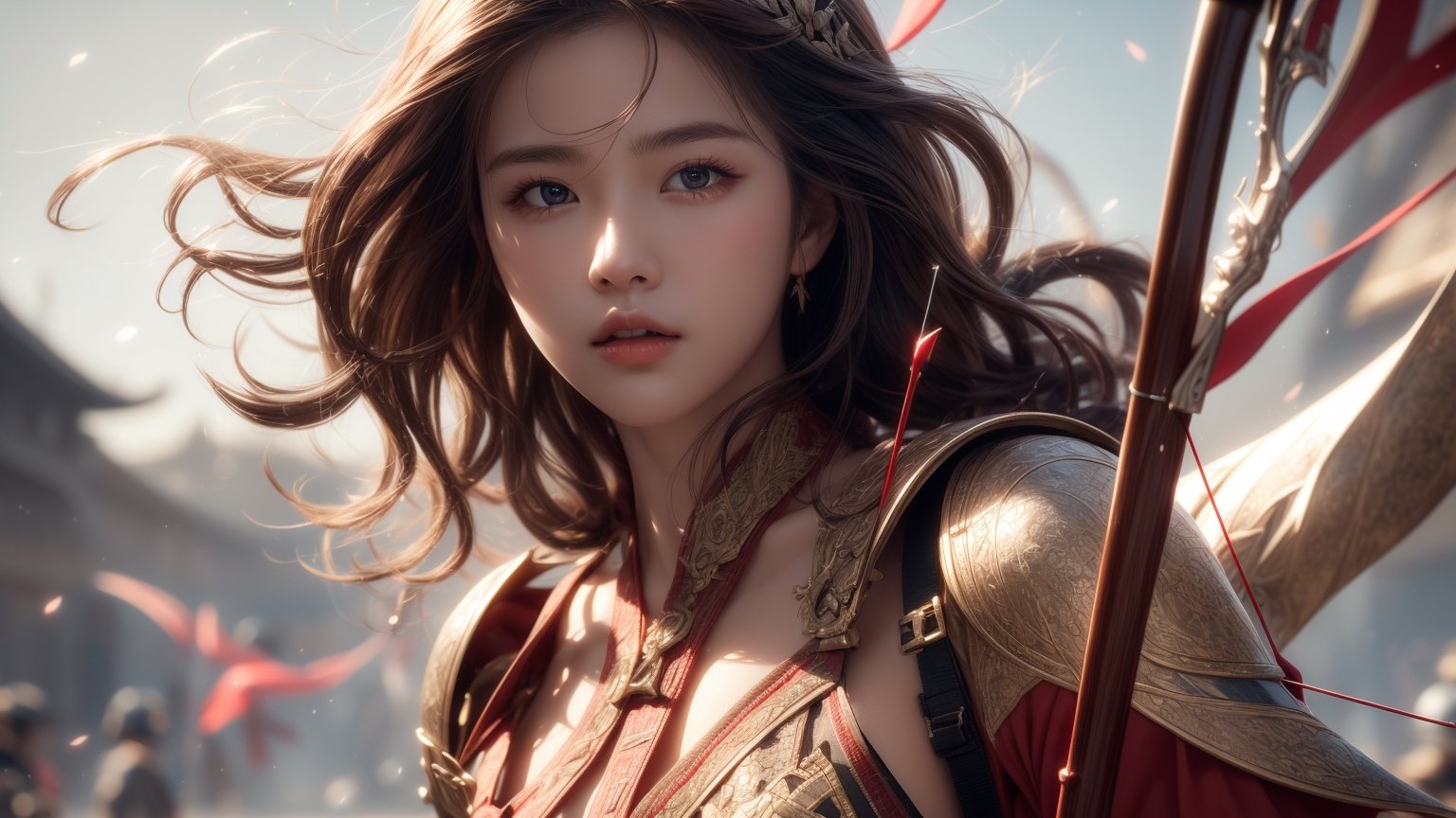 background is ancient war,an archer,1 girl,beautiful korean girl, holding a battle bow, arrow,ready to shoot, hair_past_waist(curly hair, dark hair),
Best Quality, photorealistic, ultra-detailed, finely detailed, high resolution, perfect dynamic composition, sharp-focus, 