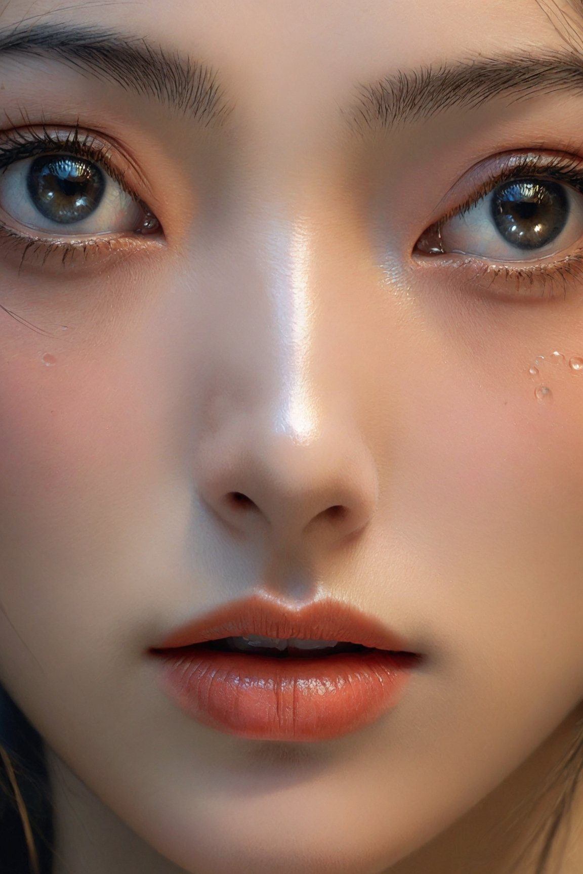 (Masterpiece, Top Quality, Best Quality, Official Art, Beauty and Aesthetics: 1.2), (1 Oriental Girl Sad Sad Frontal Facial Expression), Nano Detailed, (Abstract, Fractal Art: 1.3), Highest Detailed, Detailed eyes, few remaining teardrops on face, bare shoulders, sexy lips, pronounced contours