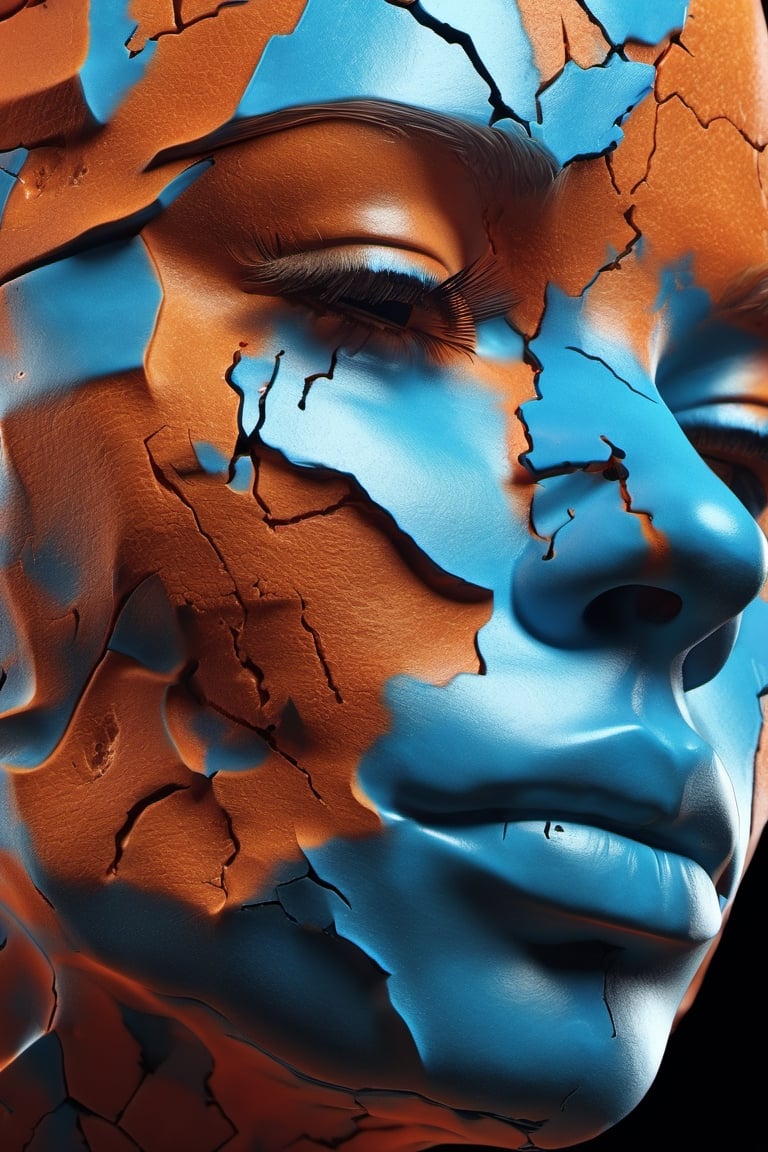 a close up of a person's face on a cracked surface, inspired by Alberto Seveso, featured on zbrush central, orange fire/blue ice duality!, portrait of an android, fractal human silhouette, red realistic 3 d render, blue and orange, subject made of cracked clay, woman, made of lava