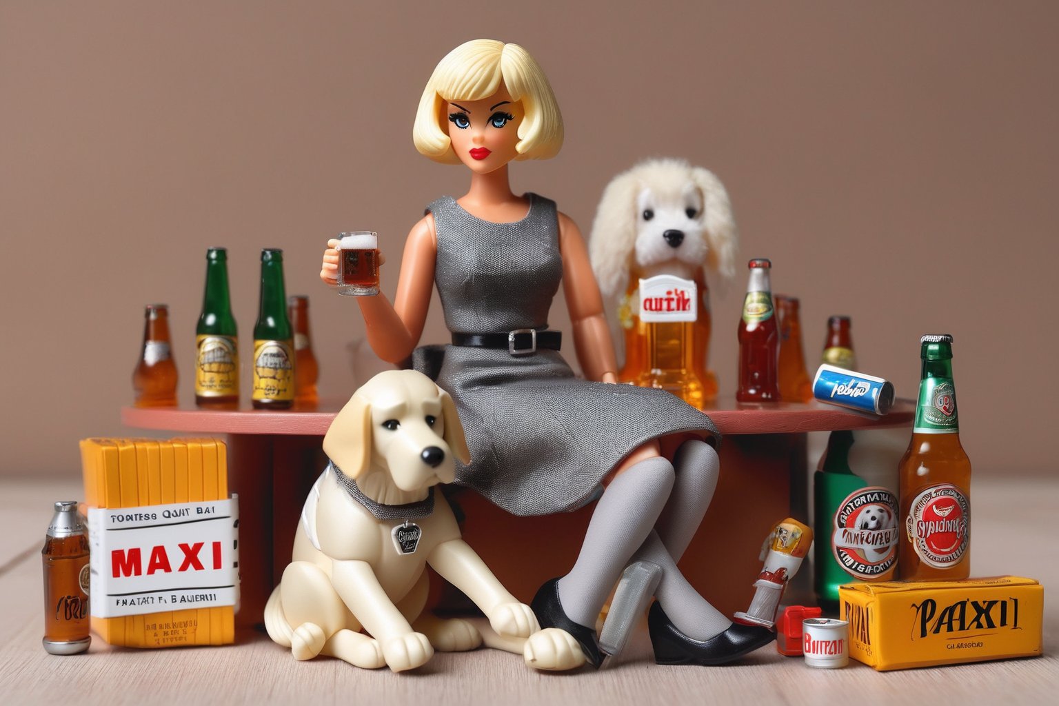 Action figure toy of a blonde female with bob haircut, smoking, wearing Mary Quant dress, grey tights flat shoes. pack of cigarettes , big dog white retriever, accessory and bottles of beer, sitting next to a round table bar
BREAK
Background is the toy box with label "Patxi", 