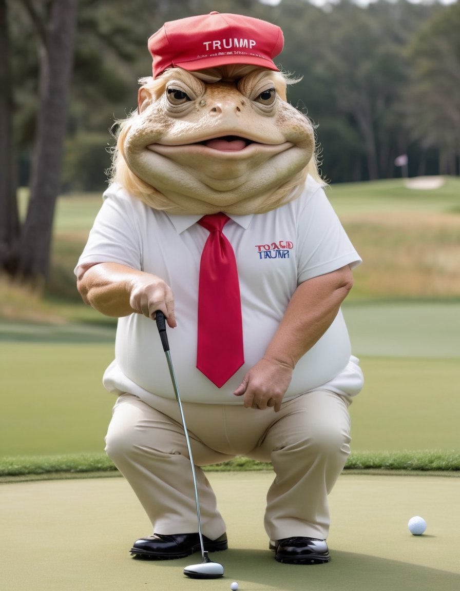 Fat Toad Donald Trump playing golf, blonde hair, wearing Maga hat.