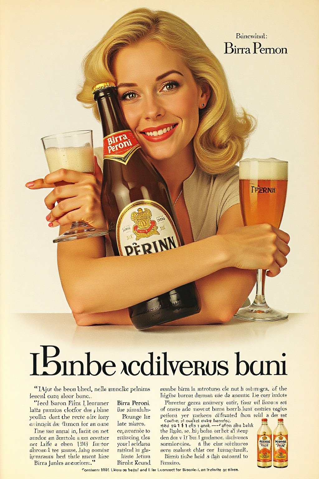 A vintage 1960s beer advertisement featuring a blonde woman hugging a bottle of Birra Peroni beer while holding a glass of the beer in her hand. The woman has her arms crossed and is looking at the camera with a smile on her face. The beer bottle is brown with a white label and a gold cap.