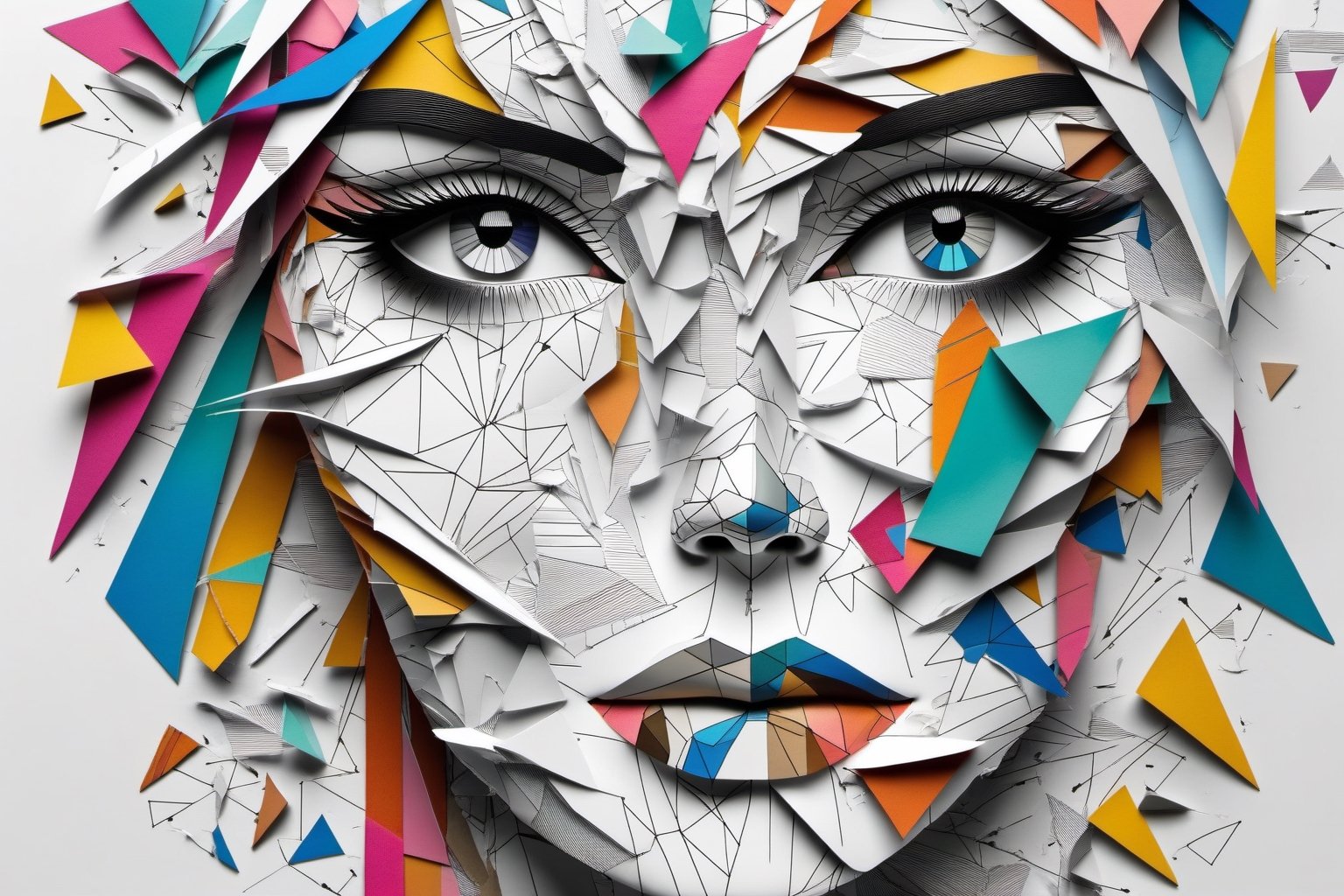 An abstract representation of a woman's face, with geometric shapes and torn, colorful paper, focusing on her vivid eyes.