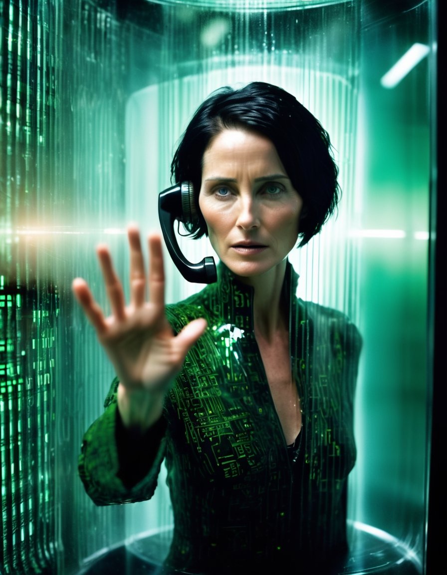 Cinematic photo full body, [:(1 woman glitching, falling green matrix code glyphs, shattering skin, computer glitch effect:2.1):0.15] cyberpunk Trinity (Matrix), Carrie-Anne Moss, short hair, inside a telephone call box , (facing the viewer:1.3), (right hand to the viewer against the glass:5), (left hand holding corded telephone receiver next to ear:2.0) . 35mm photograph, film, bokeh, professional, 4k, highly detailed . 35mm photograph, film, bokeh, professional, 4k, highly detailed