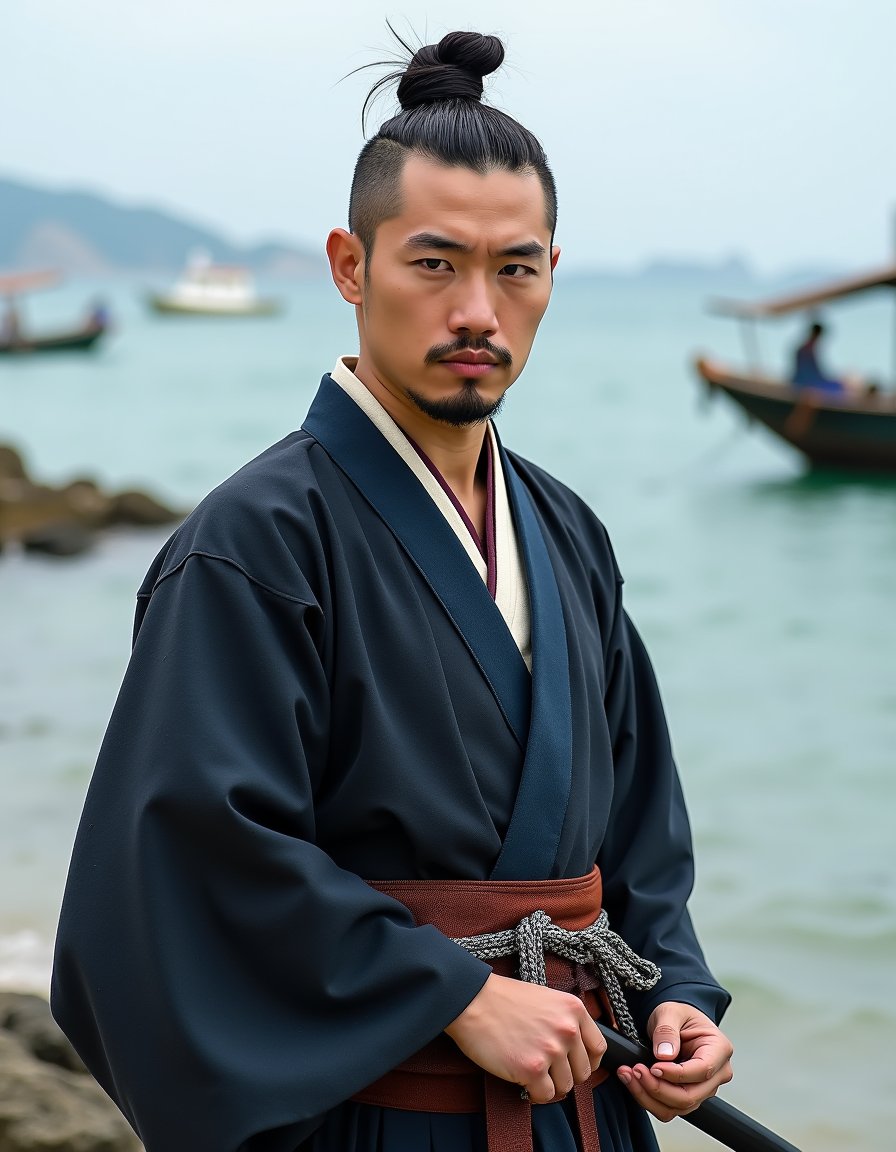 A Japanese man dressed as a Samurai, with a chonmage  haircut. His left hand are on the hilt of his sword hanging around his waist. Background is the sea with a fishing boat