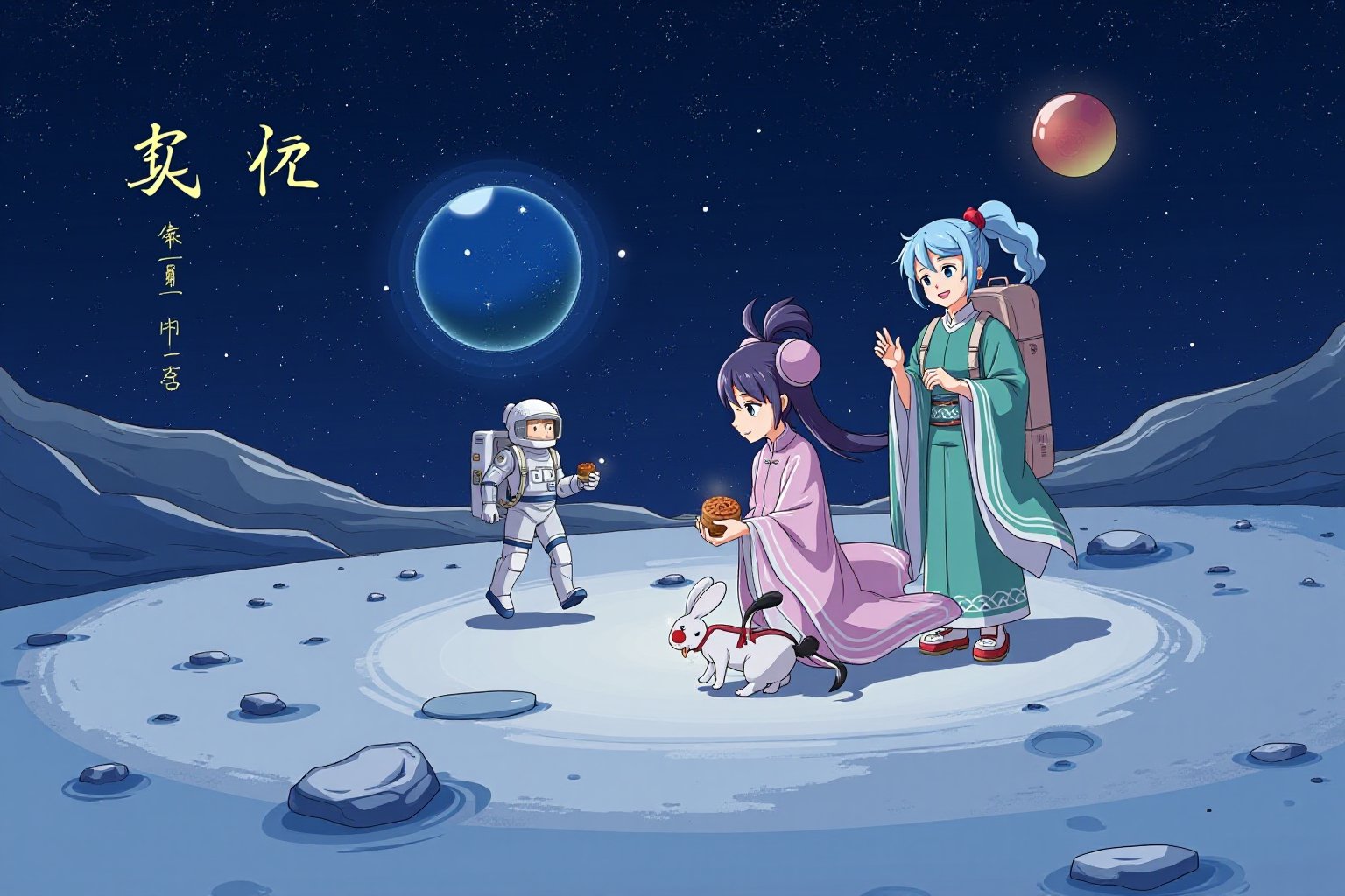 Prompt: Anime style by J.C. Leyndecker. lyn. iam. ando. An astronaut celebrating the Moon Festival on the surface of the moon with Chang'e, the moon goddess, and the Jade Rabbit. The astronaut is in a modern spacesuit, holding a mooncake, while Chang'e stands beside him, wearing traditional, flowing robes with a soft, glowing aura. The Jade Rabbit hops playfully around them. They are surrounded by a serene lunar landscape, with Earth glowing in the starry sky behind them. A small floating lantern adds to the festive atmosphere. The overall scene blends elements of Chinese mythology with a futuristic space setting.,