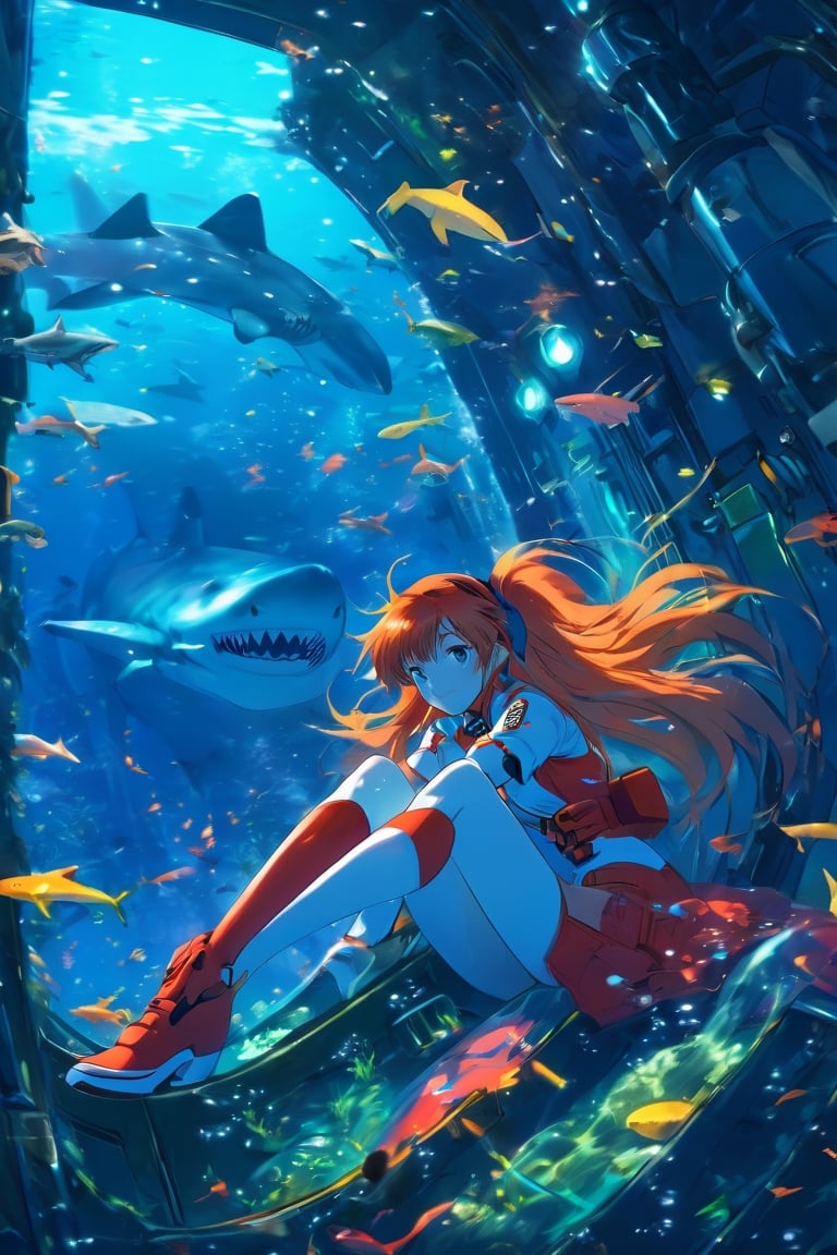 anime artwork, Asuka Langley Soryu, sitting beside a large port hole, inside a submarine, underwater scene, sharks, anime style, key visual, vibrant, studio anime, highly detailed, ClassipeintXL,LaxpeintXL