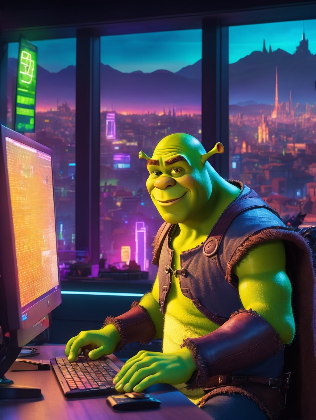 Shrek hacking on a computer, glowing screen. Large window, cyberpunk cityscape.   DreamWorks Animation 