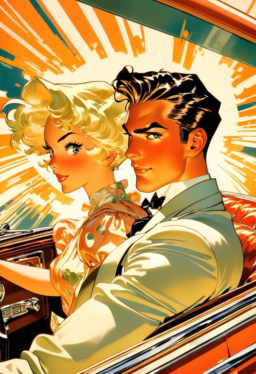 Anime artwork. Couple crusing in a car, art by J.C. Leyendecker, anime style, key visual, vibrant, studio anime,  highly detailed