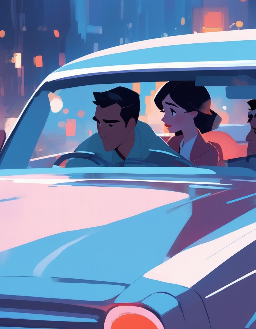 Close up. Couple crusing in a car, art by Pascal Campion, art by Atey Ghailan, art by Joelle Jones style