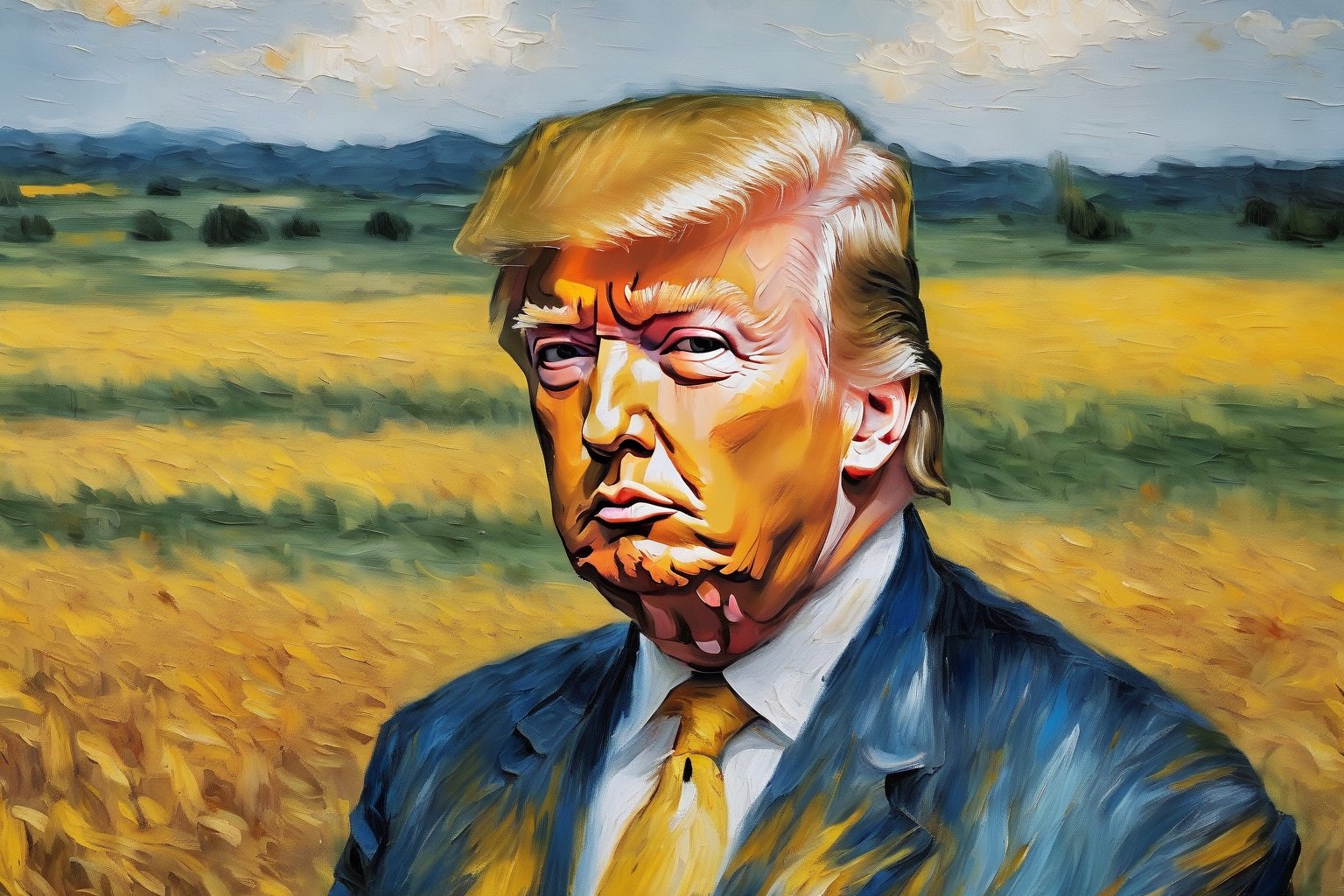 v0ng44g, p0rtr14t, soft blurry oil painting portriat of a close up shot of a (((Donald Trump by van Gogh))), farm field backdrop heavy brush strokes, by van Gogh