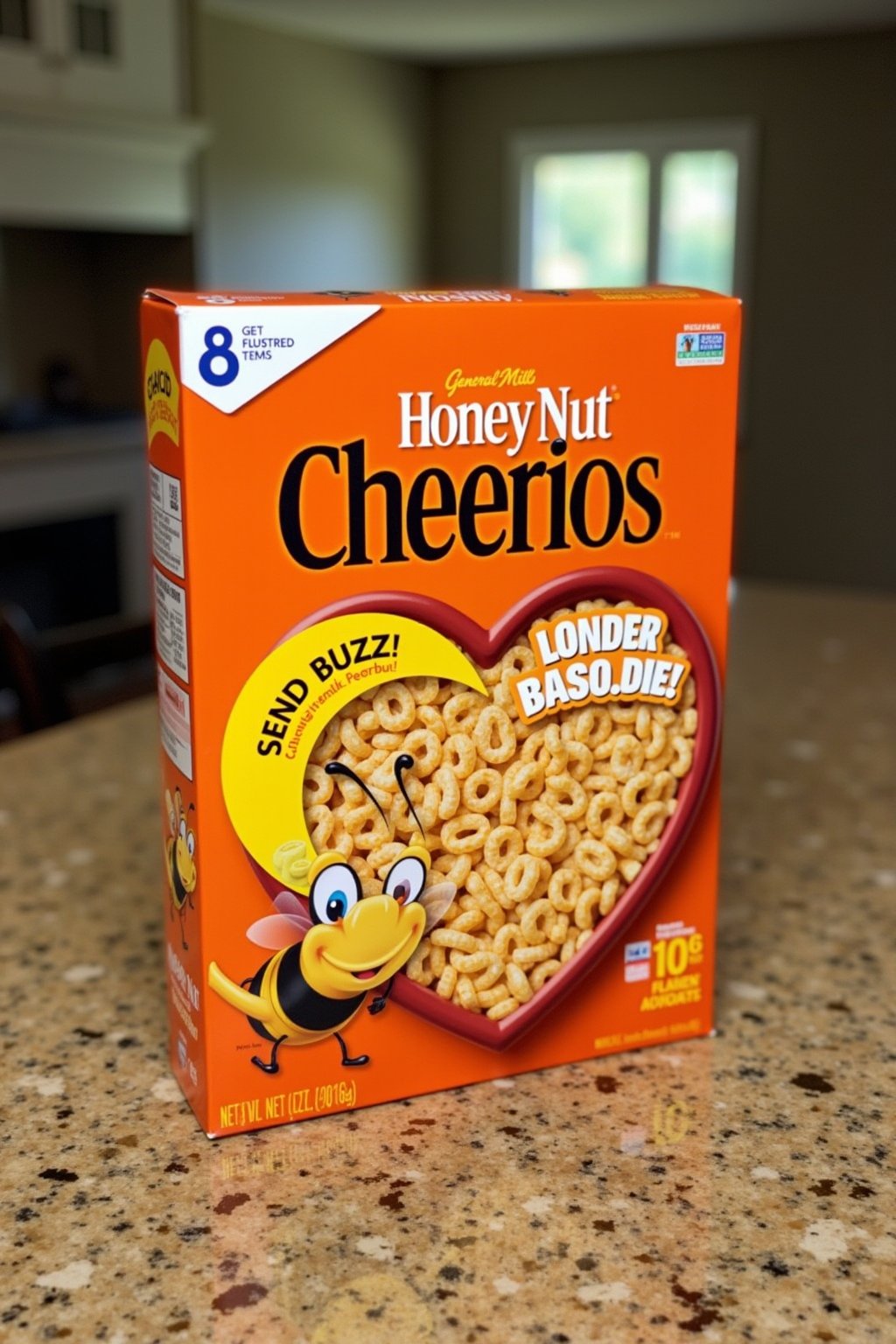 General Mills 'Honey Nut Cheerios' cereal box sitting on a kitchen table. The box is prominently displayed in the center of the table, featuring the iconic orange and yellow colors with the bee mascot and a bowl of Cheerios on the front. There is a speech bubbled on the box that say 'Send Buzz!  Get Fluxed!'