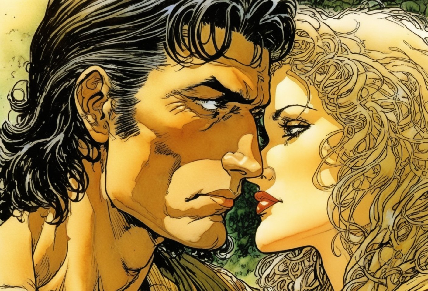 Art by Milo Manara. Closeup of a couple staring intensely at each other.