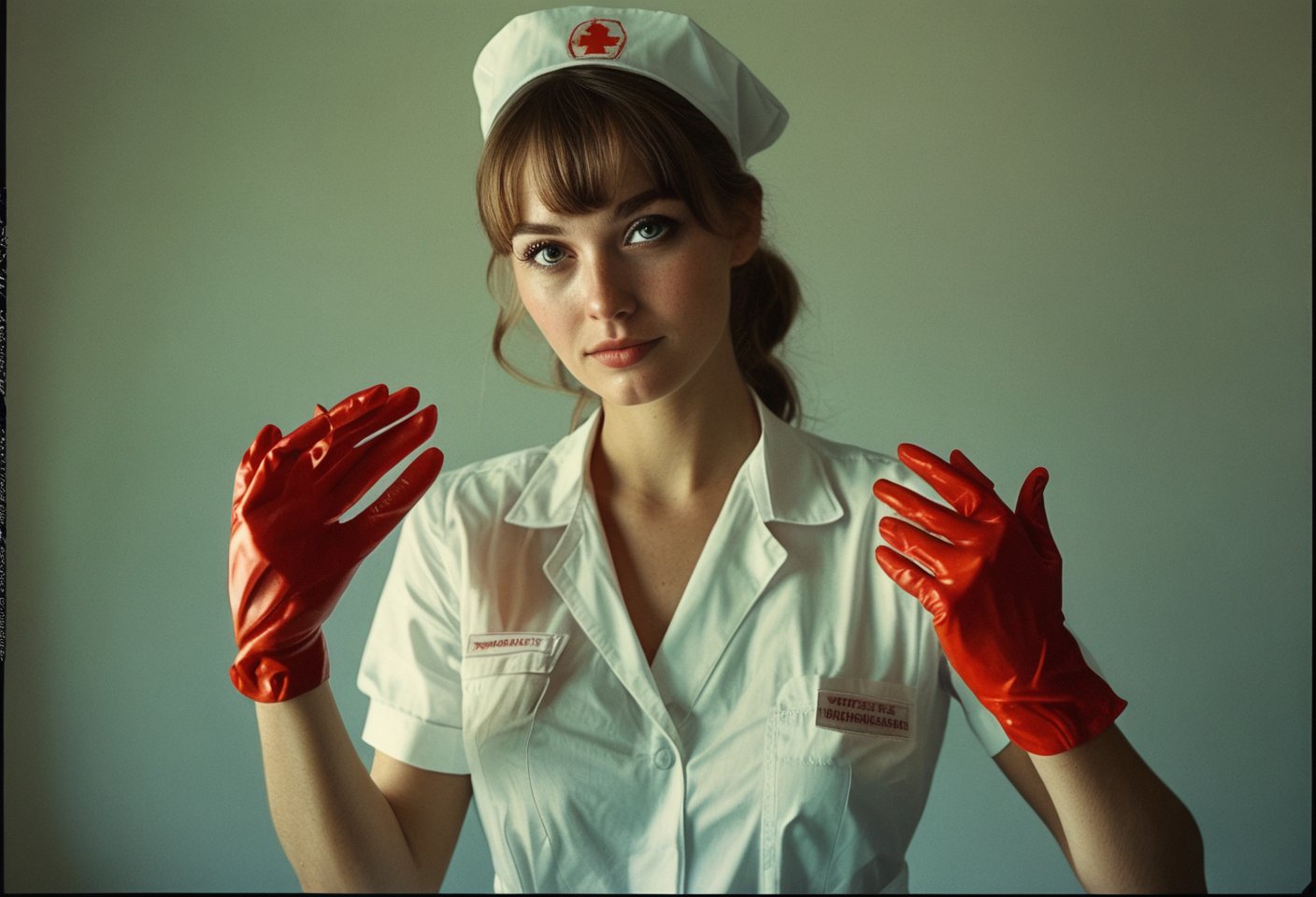 Photo of model dressed as a sexy nurse, putting on rubber gloves, perfect detailed eyes, natural skin, hard shadows, film grain