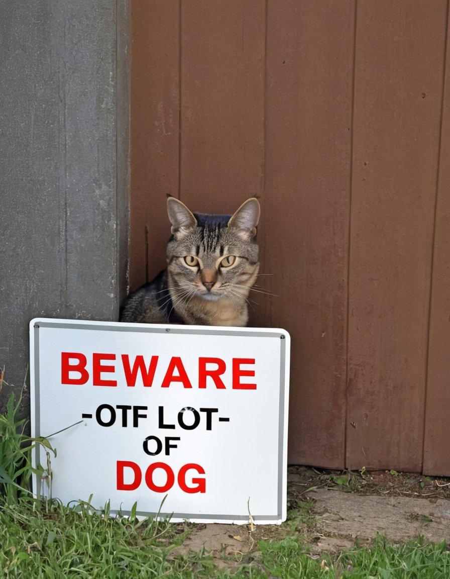 A cat hiding behind a sign that says "Beware of dog"