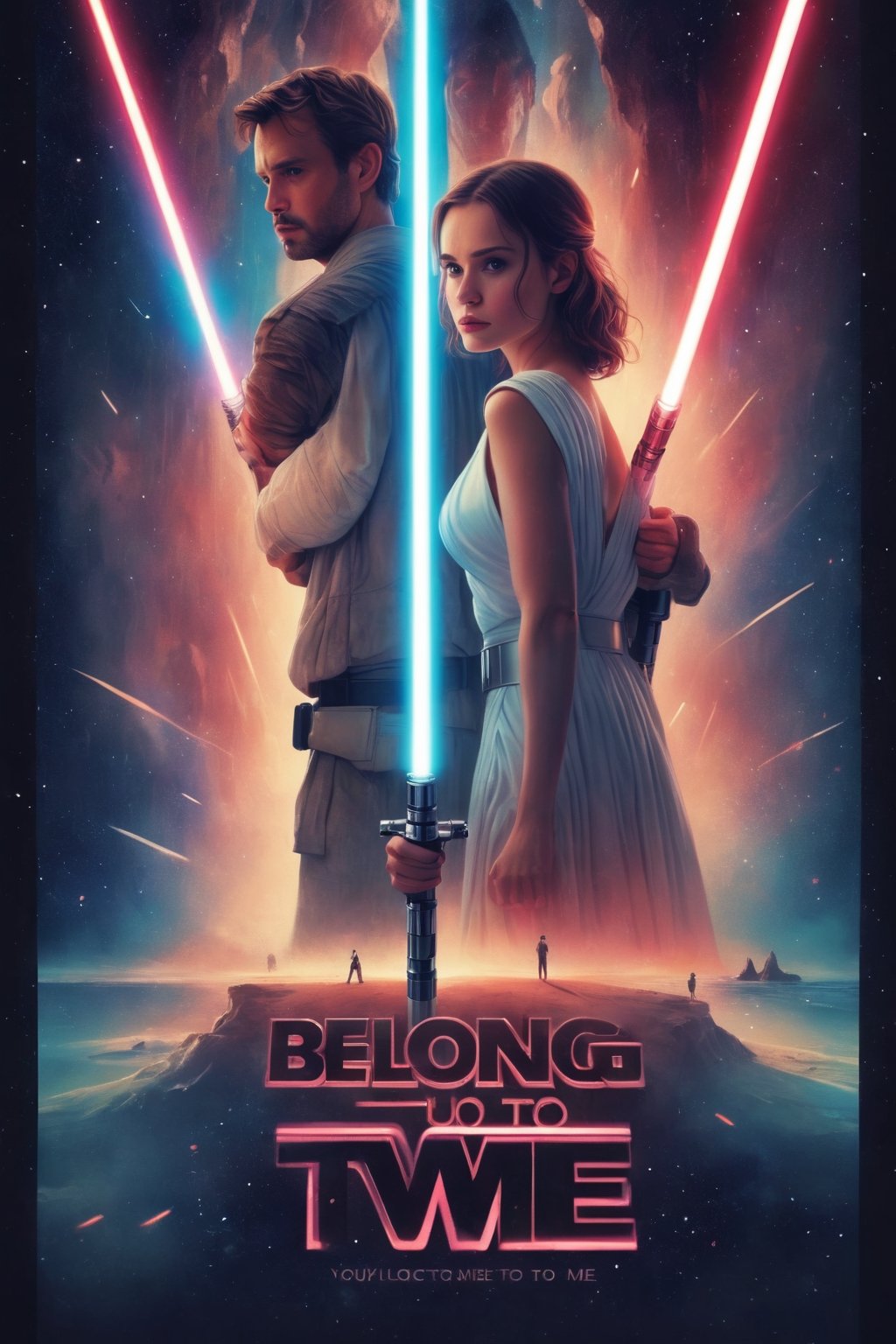 Movie Poster "You belong to me", lightsaber, honeymoon style,  8k,  cinematic,  bright light. text logo "You belong to me"