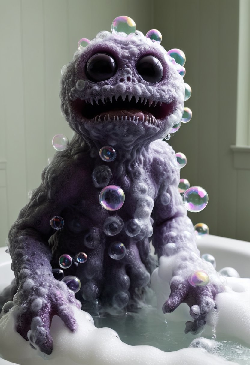 award winning documentary photograph by escher of a vivid and vibrant adorable eldritch horror monster taking a bubble bath made out of bath foam, in a victorian bathroom