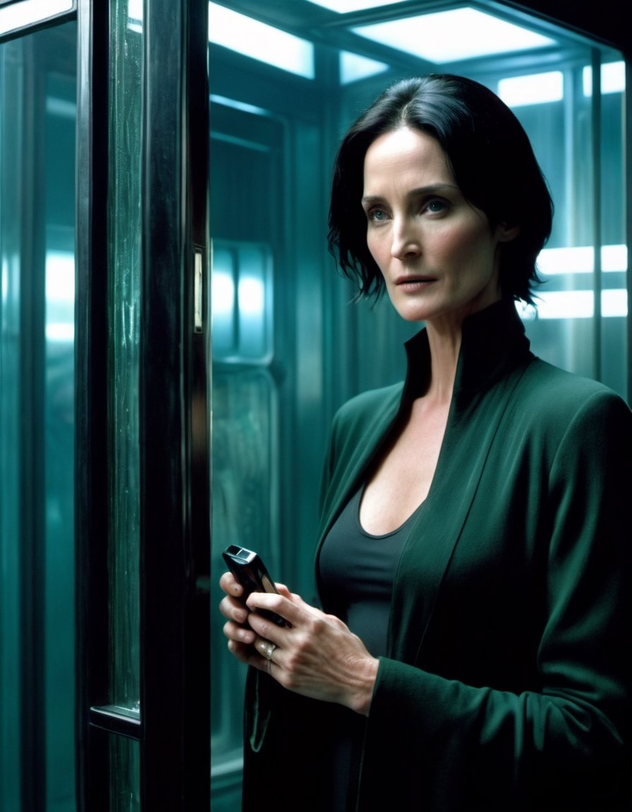 Cinematic Film Still. Carrie-Anne Moss as Trinity holding a phone, inside a telephone booth, reflection on glass, Matrix the movie