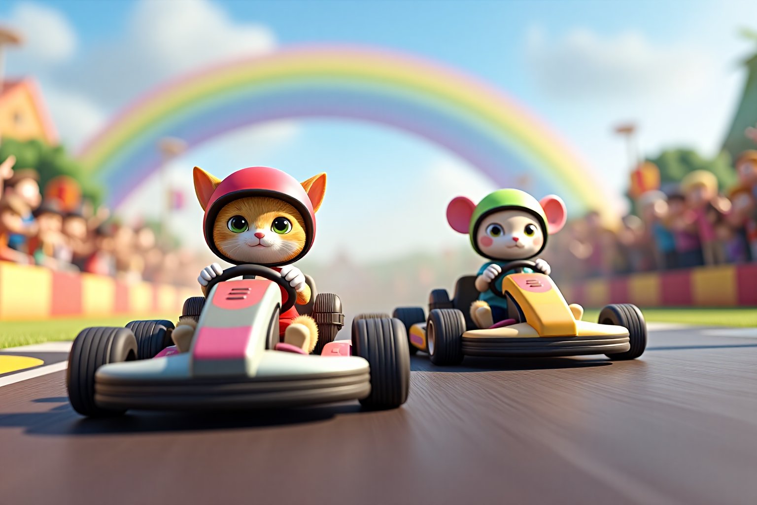 3d octane render. dreamy art. Two go-karts on a vibrant, winding track. The kart on the left is driven by a cat, wearing a red helmet, focused and determined, steers its kart. The kart on the right is driven by a mouse, wearing a green helmet, equally concentrated, speeds alongside. The track is filled with playful obstacles and surrounded by cheering spectators, capturing the excitement of this whimsical race.  There is a big rainbow in the sky.