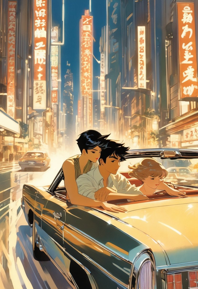 Couple crusing in a car, art by Makoto Shinkai, art by J.C. Leyendecker