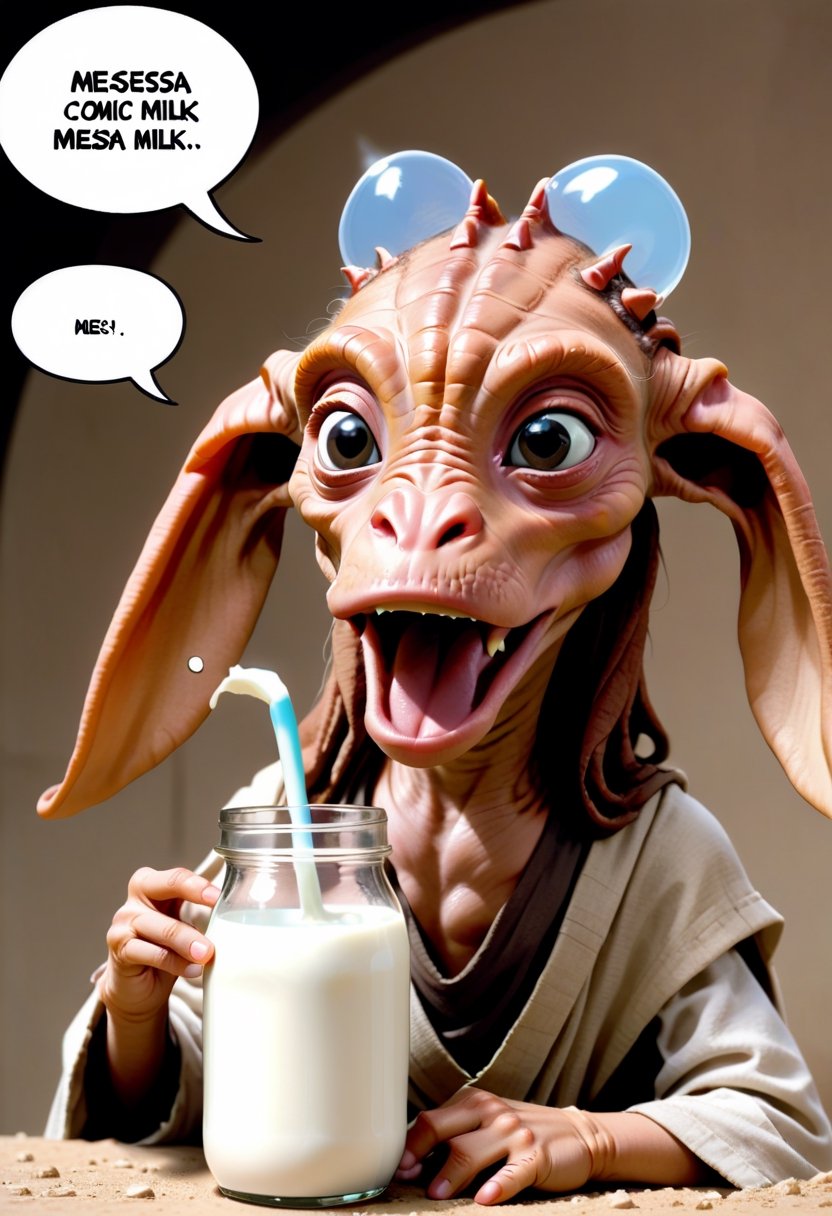 Baby Jar Jar Binks, drinking milk,  Comic strip speech bubble says "MEESA MILK". 