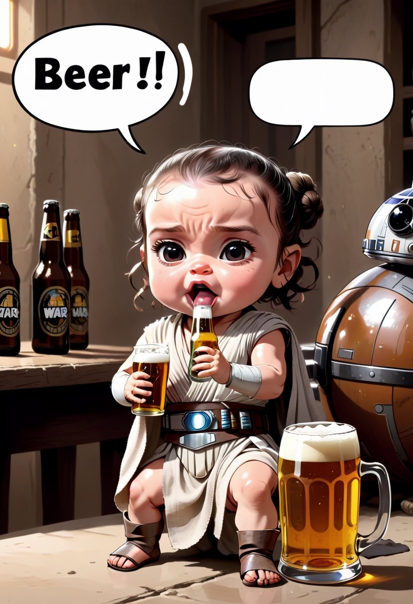 Baby Rey from Star Wars drinking beer ,  Comic strip speech bubble "BEER!". 