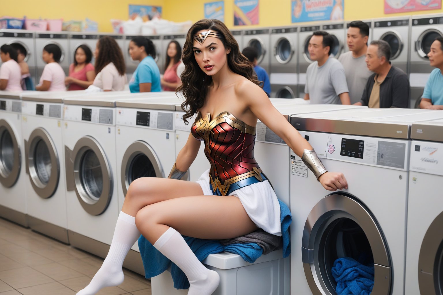 Photo of Wonder Woman, wearing white underwear and socks, sitting on top of a washing machine at Laundromat.  The background have people talking and tending to their laundry.