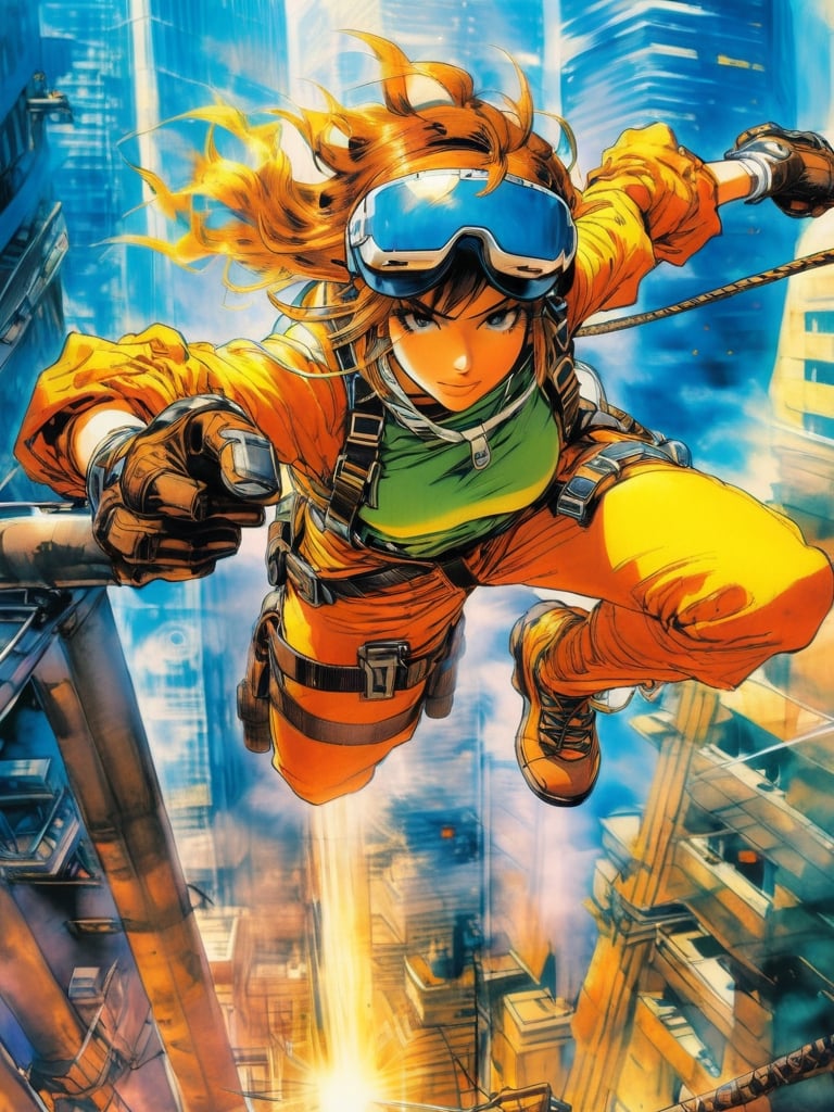 Anime artwork,  woman, wearing VR headset  rappelling down a skyscraper,  art by Masamune Shirow