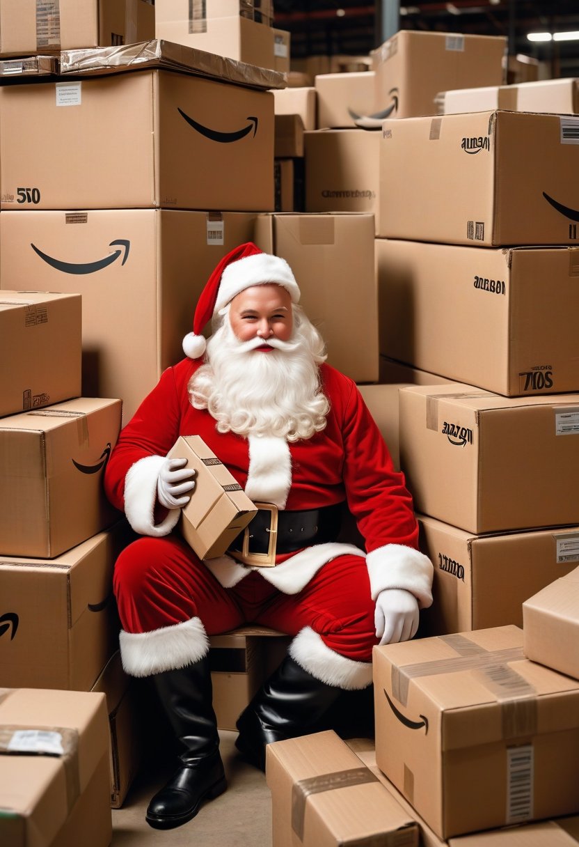 Photo a Santa Claus working at a warehouse, pile of amazon boxes, art by J.C. Leyendecker, Canon 5d Mark 4, Kodak Ektar