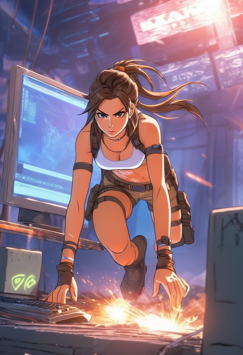 Anime artwork, Elizabeth Hurley as Lara Croft, Tomb Raider, hacking  a computer, hot pants, tank top, art by Makoto Shinkai, anime style, key visual, vibrant, studio anime, highly detailed 