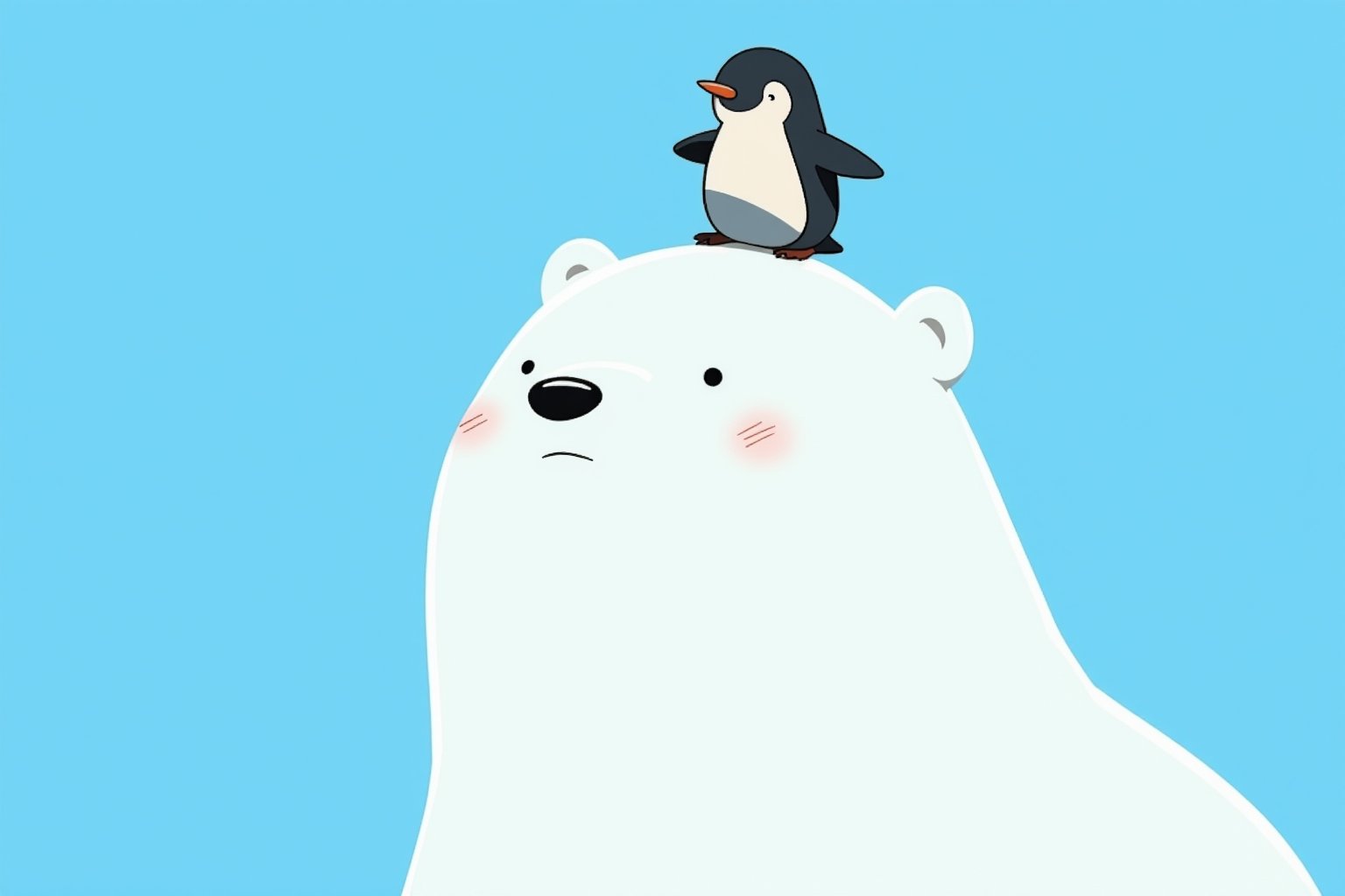 Anime style. A polar bear with  a funny expression, with a baby pinguin standing on its head, on a blue background. This comic-style illustration is in the style of Herge and Hayao Miyazaki,anime,lyh