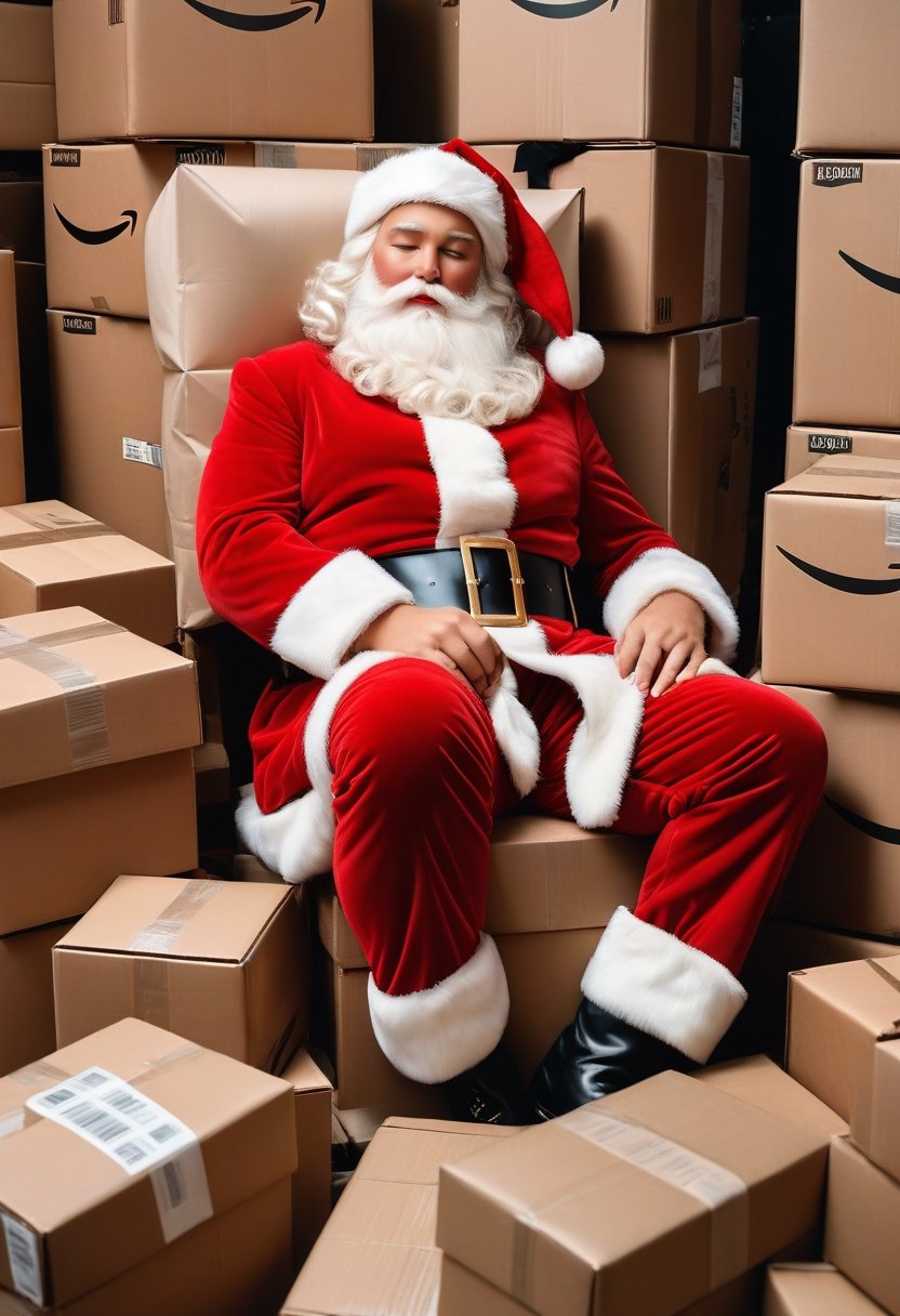 Photo a Santa Claus passed out from overwork at a warehouse, pile of amazon boxes, art by J.C. Leyendecker, Canon 5d Mark 4, Kodak Ektar