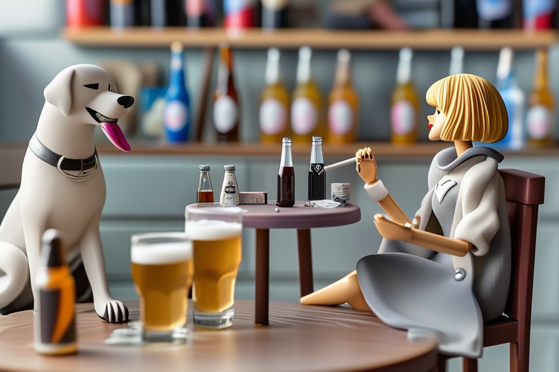 Action figure toy of a blonde female with bob haircut, smoking, wearing Mary Quant dress, grey tights flat shoes. 
BREAK
Background is the toy box with label "Patxi", pack of cigarettes , big dog white retriever, accessory and bottles of beer, sitting next to a round table bar