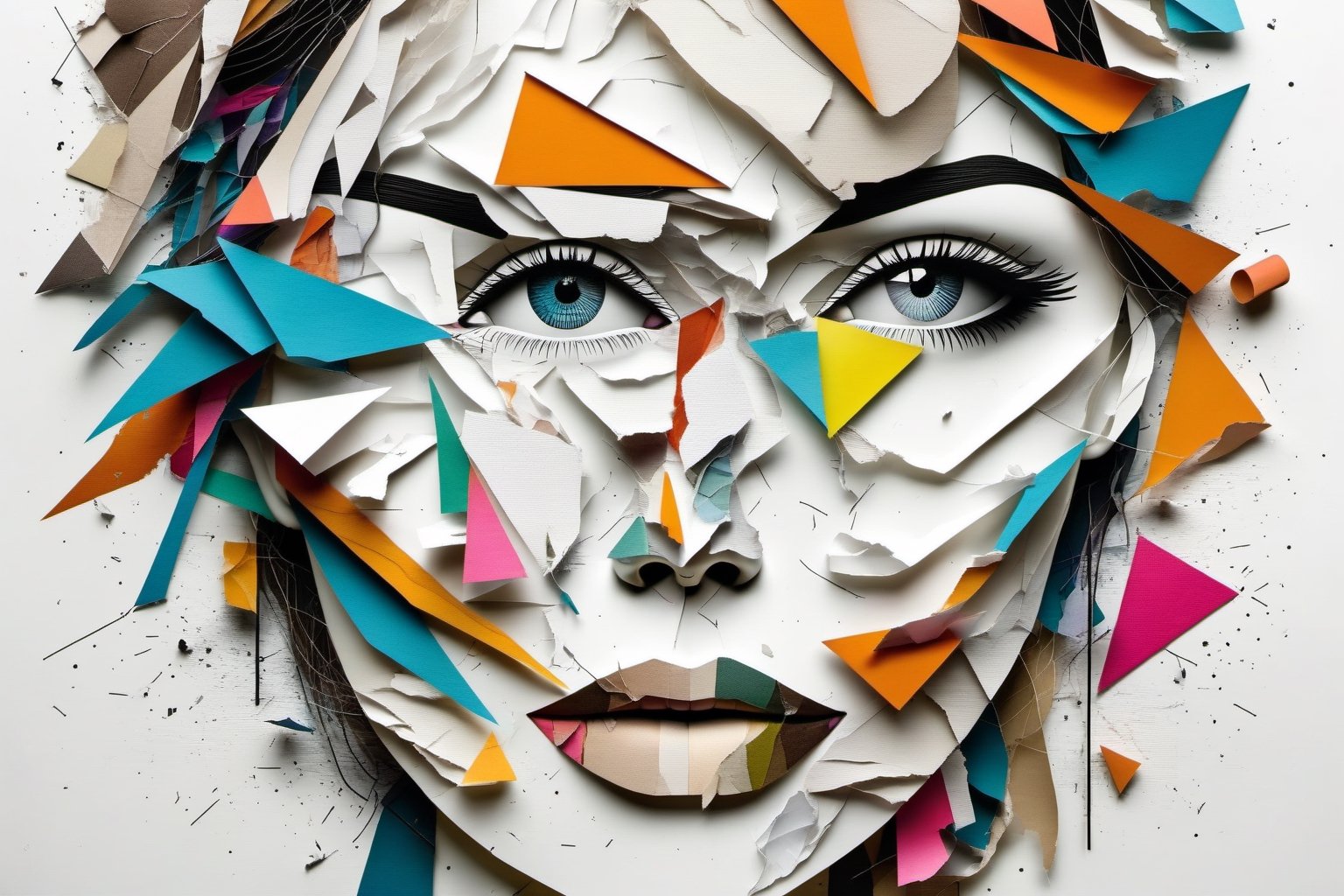 An abstract representation of a woman's face, with geometric shapes and torn, colorful paper, focusing on her vivid eyes.