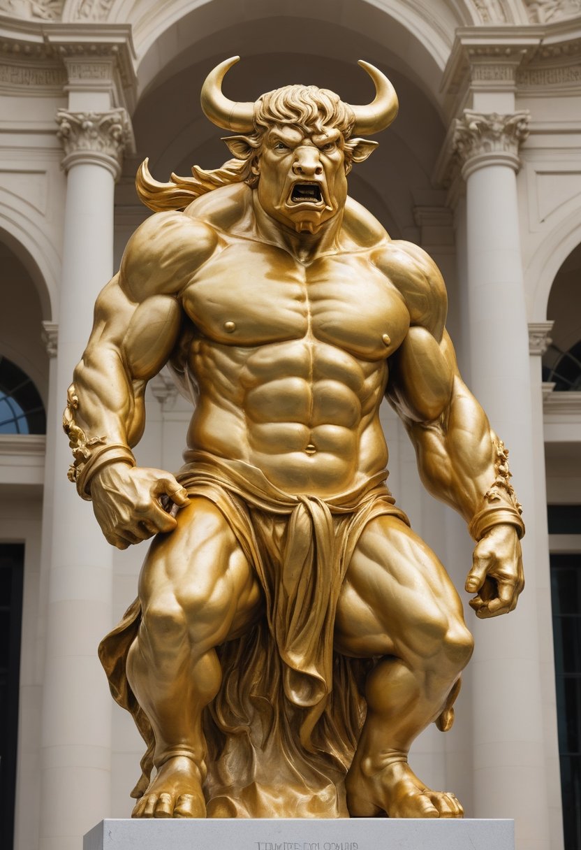 Golden Statue of a ragin bull with the head of Donald Trump by Rodin