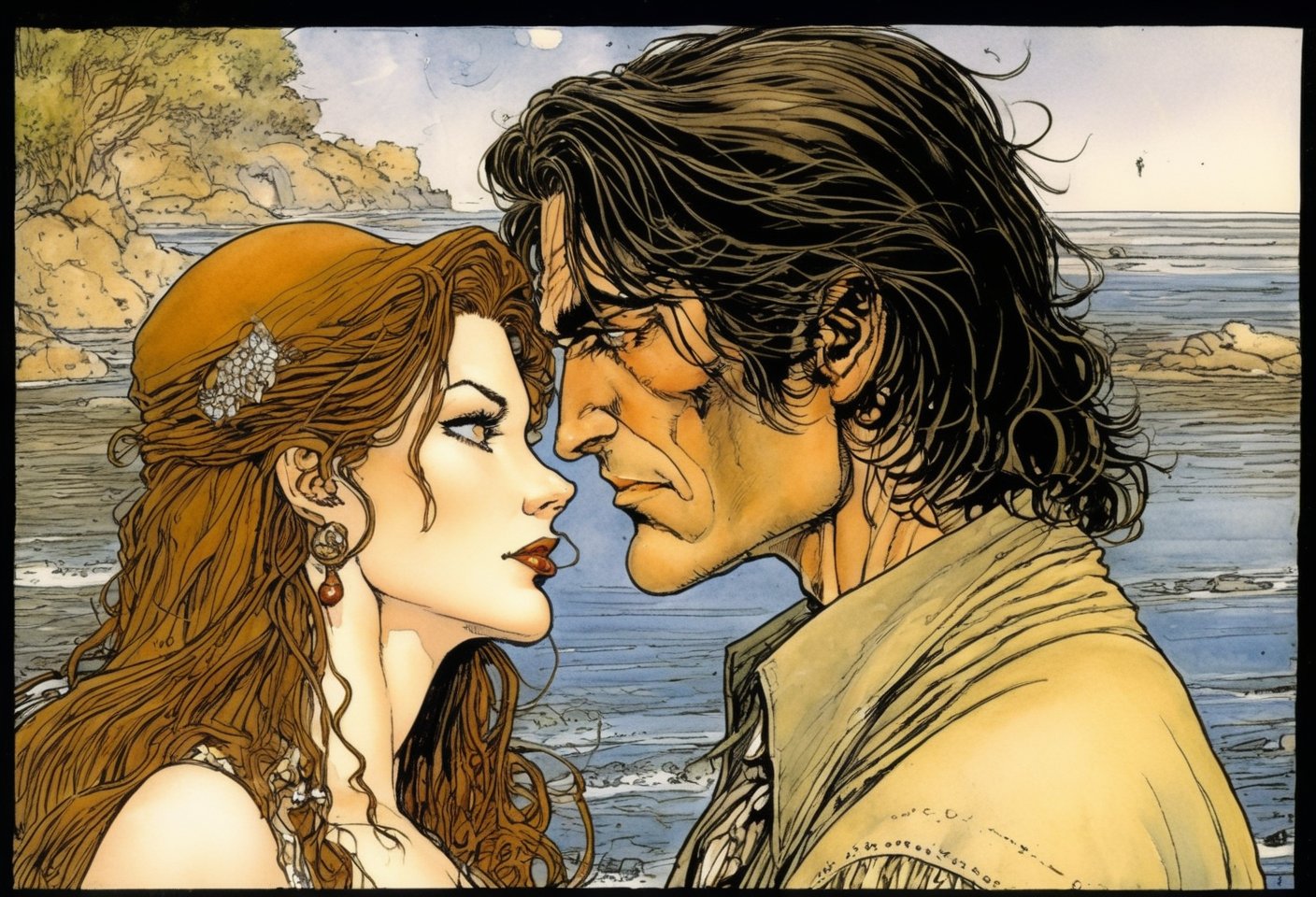 Art by Milo Manara. A couple staring intensely at each other.