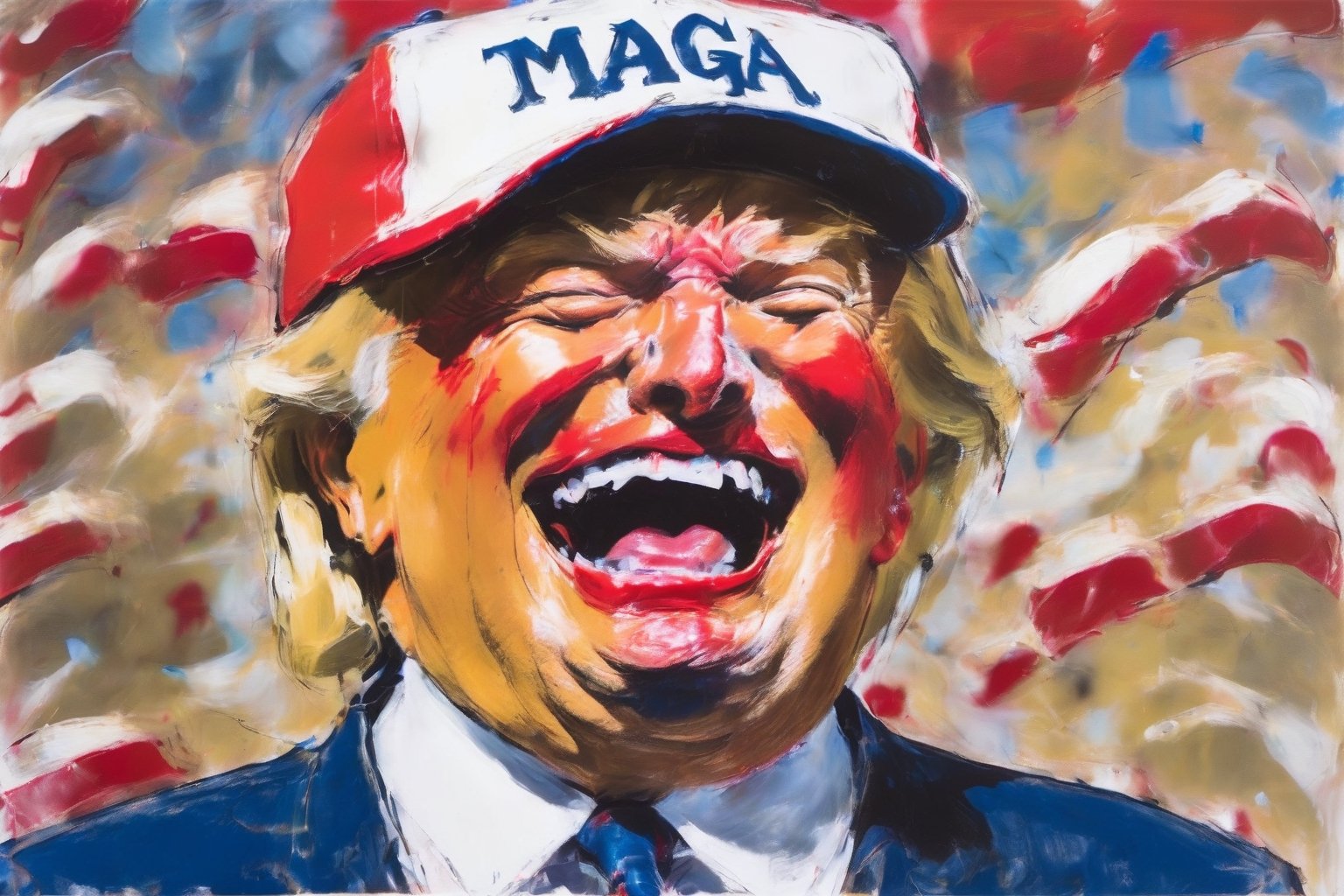 Close up of Donald Trump laughing with his mouth open, wearing MAGA baseball cap